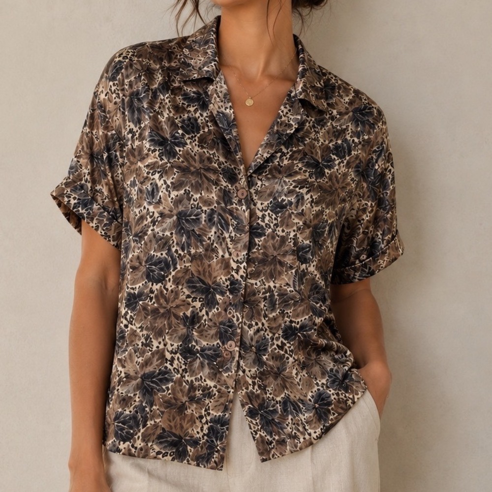 Anna and Frank 100% Silk Button Down Shirt Brown Floral Leopard Print Medium ff